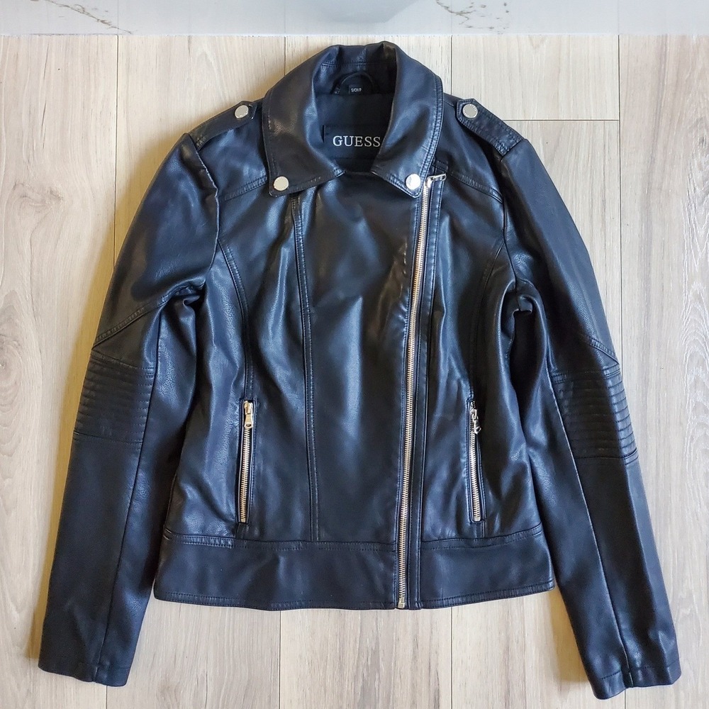 GUESS Jacket Womens Small Black‎ Faux Leather Moto Zip Pockets Quilted Sleeves